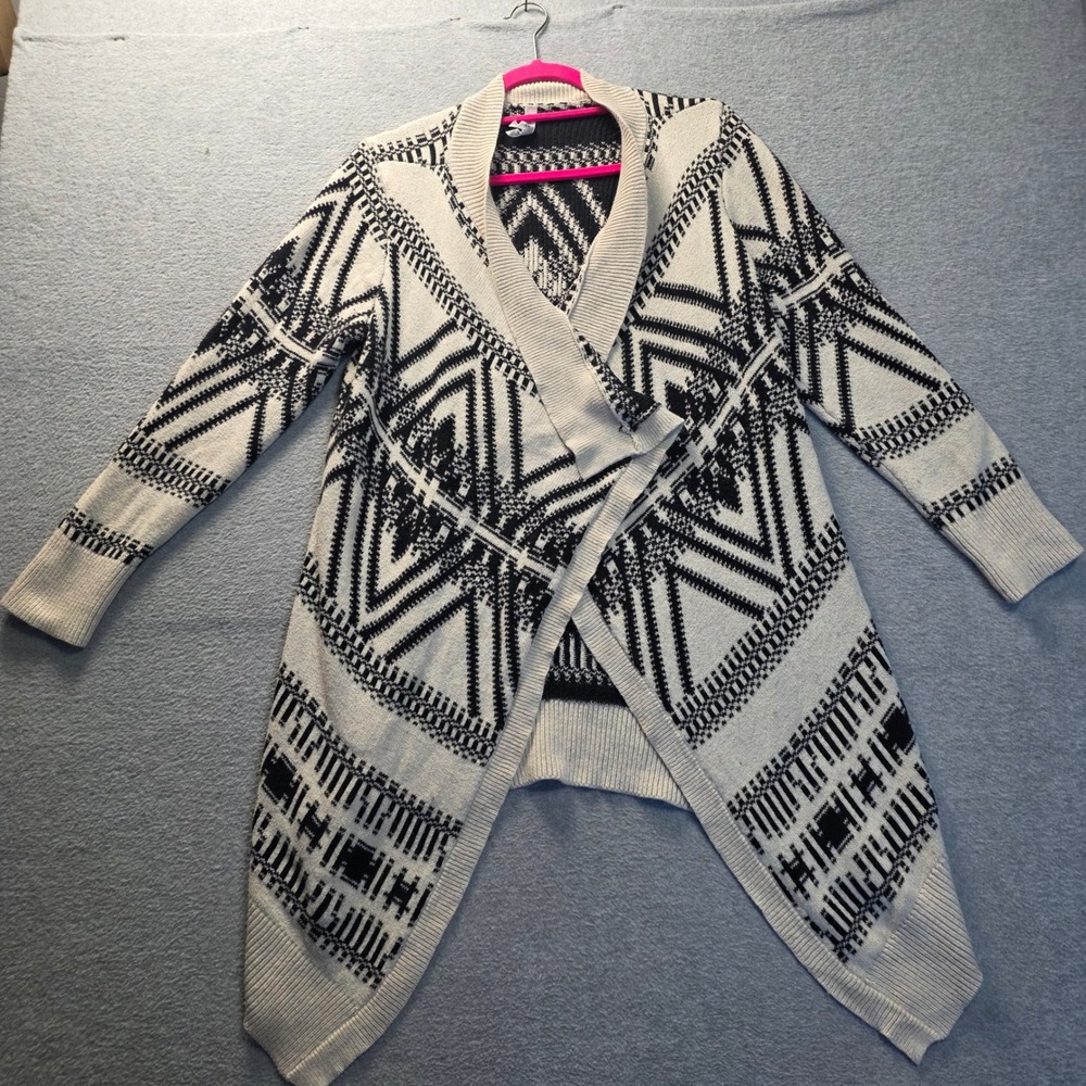Aeropostale Sweater Women Large Black White Tribal Open Front Waterfall Cardigan